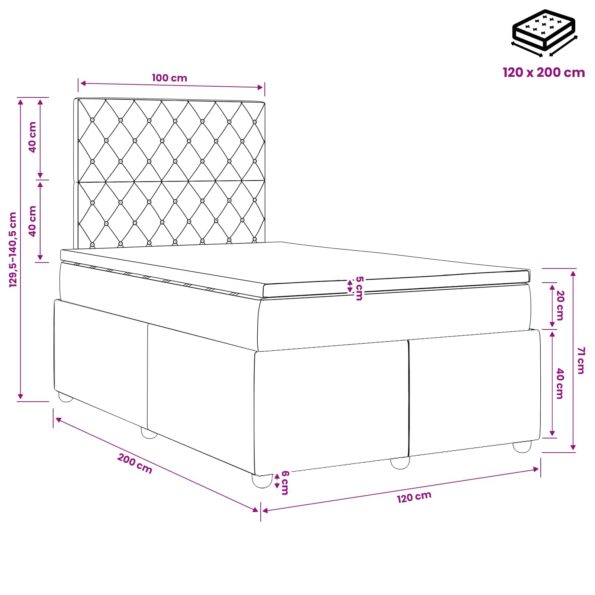 vidaXL LED boxspring posteľ s matracom Tmavosivá 120 x 200 cm Zamat – Obrázok 13