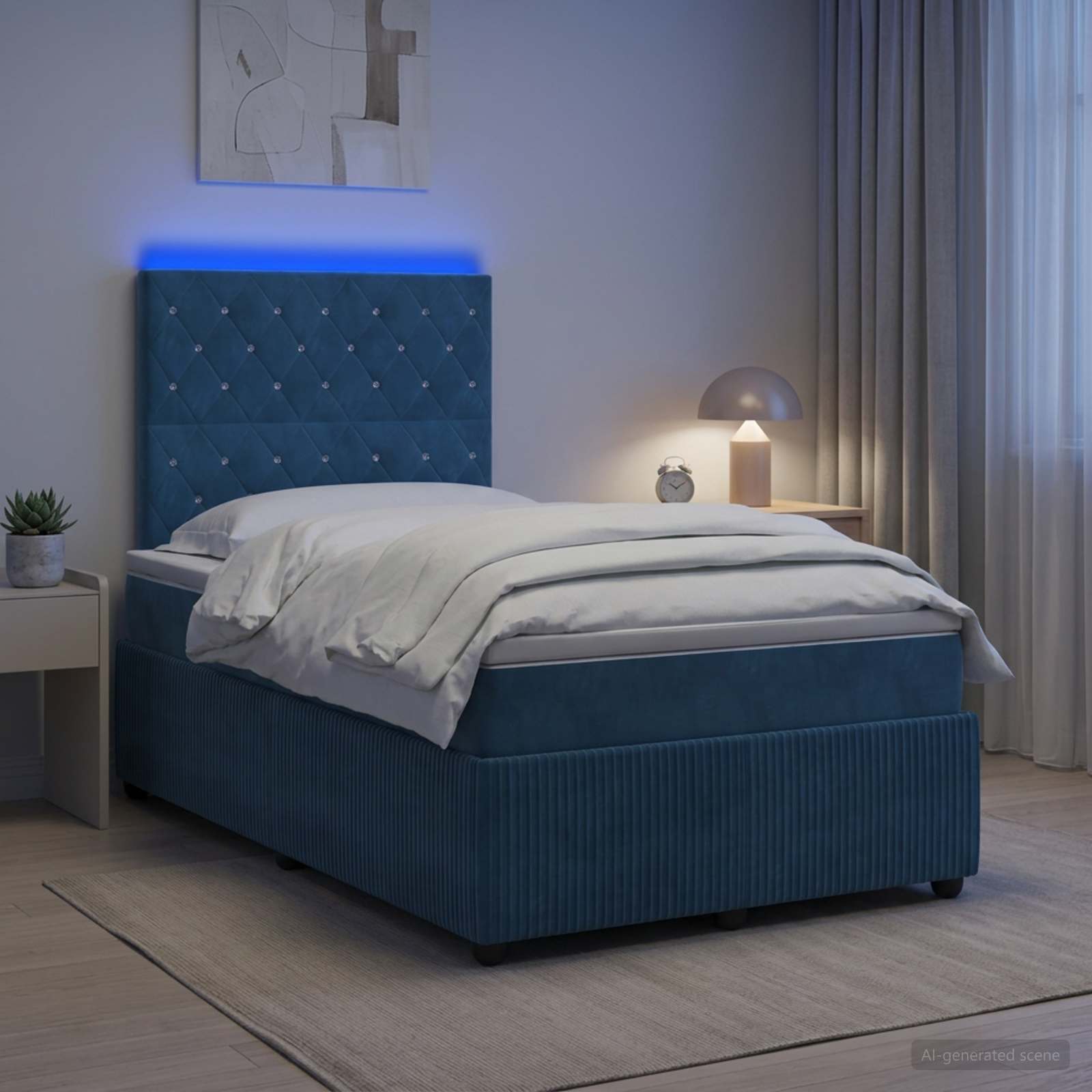 3456045_1.jpg vidaXL LED boxspring posteľ s matracom Modrá 120 x 200 cm Zamat – Obrázok 1