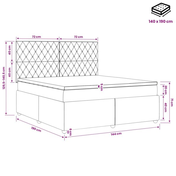 vidaXL LED boxspring posteľ s matracom Čierna 140 x 190 cm Zamat – Obrázok 13