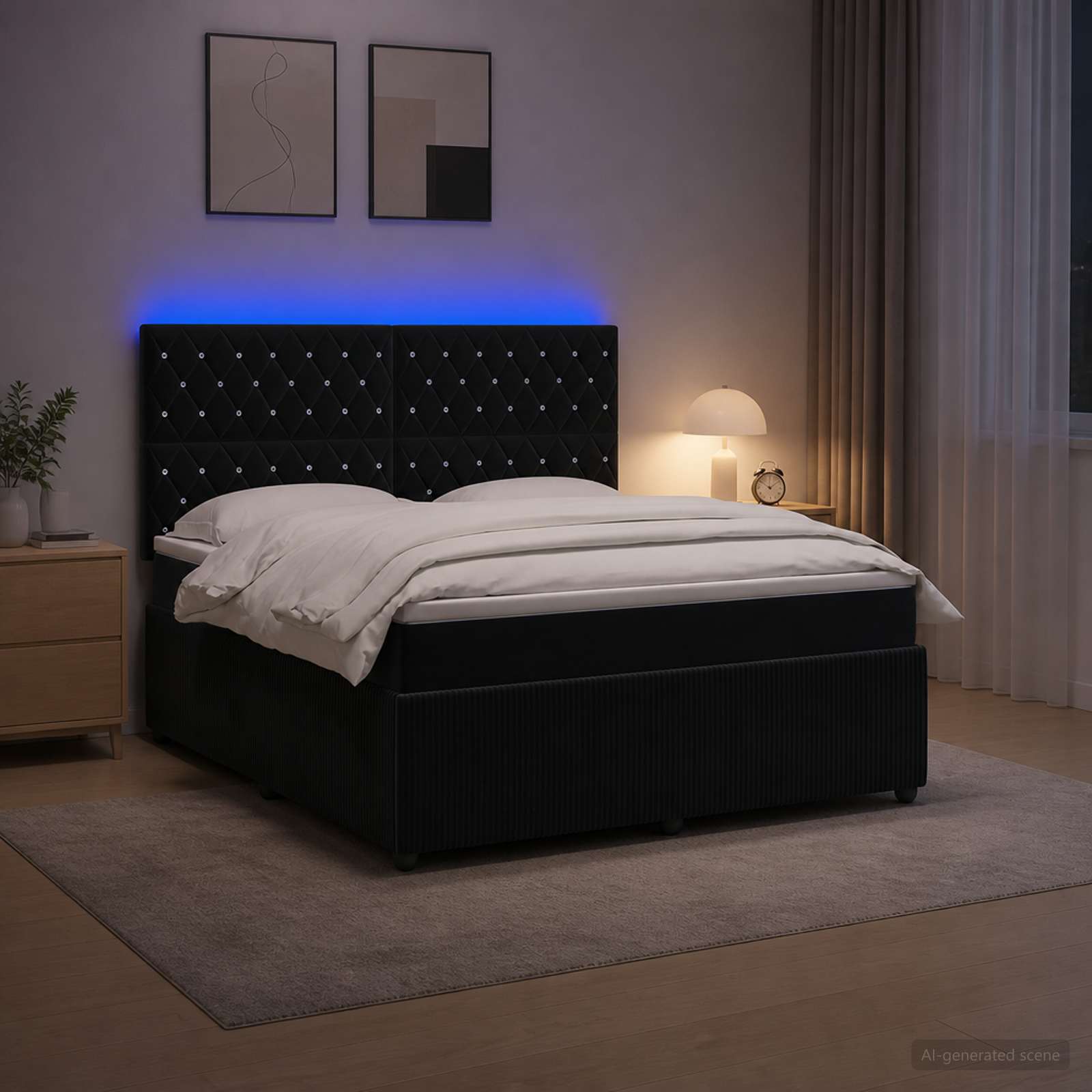 3456097_1.jpg vidaXL LED boxspring posteľ s matracom Čierna 160 x 200 cm Zamat – Obrázok 1