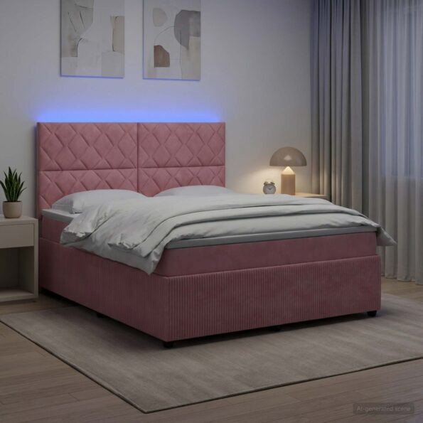 vidaXL LED boxspring posteľ s matracom Ružová 160 x 200 cm Zamat – Obrázok 4
