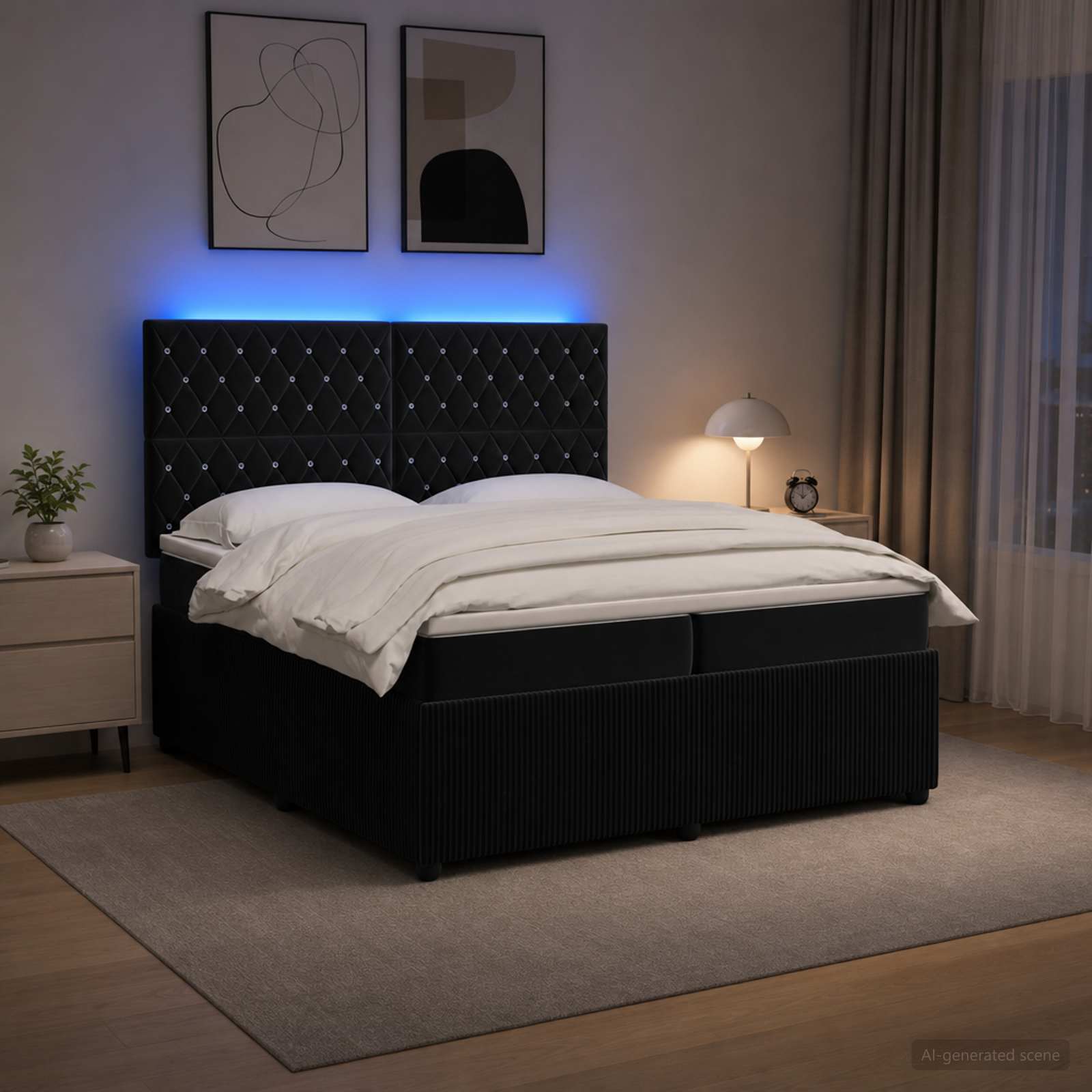 3456133_1.jpg vidaXL LED boxspring posteľ s matracom Čierna 200 x 200 cm Zamat – Obrázok 1