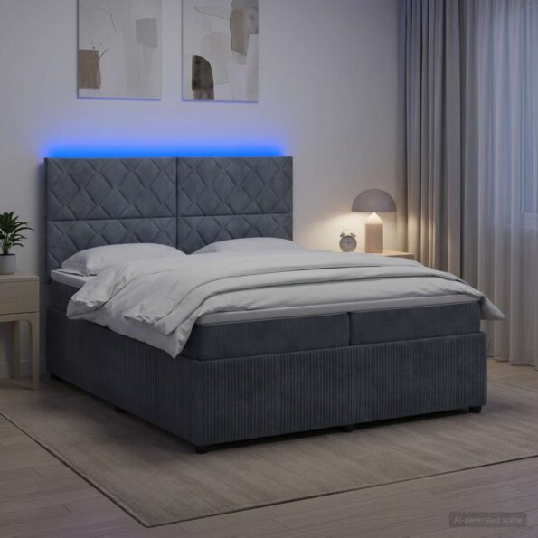 vidaXL LED boxspring posteľ s matracom Tmavosivá 200 x 200 cm Zamat – Obrázok 4