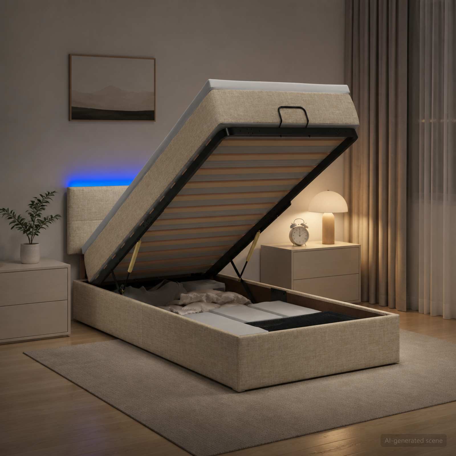 3456889_1.jpg vidaXL Ottoman posteľ s matracom a LED Krémová 100 x 200 cm Látka – Obrázok 1