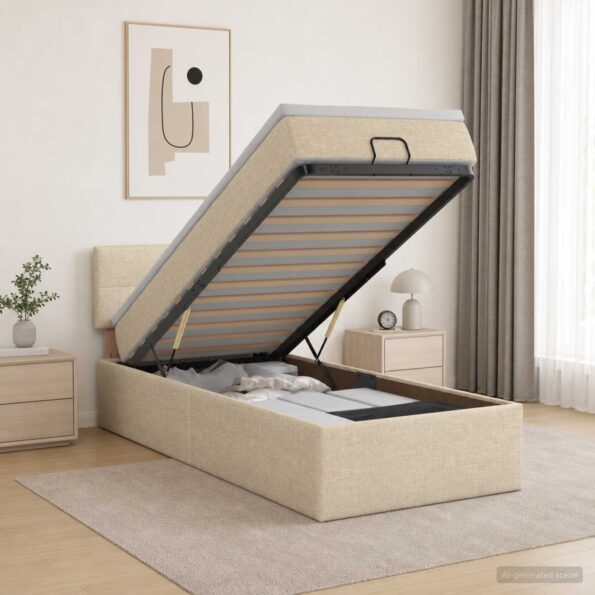 vidaXL Ottoman posteľ s matracom a LED Krémová 100 x 200 cm Látka – Obrázok 4