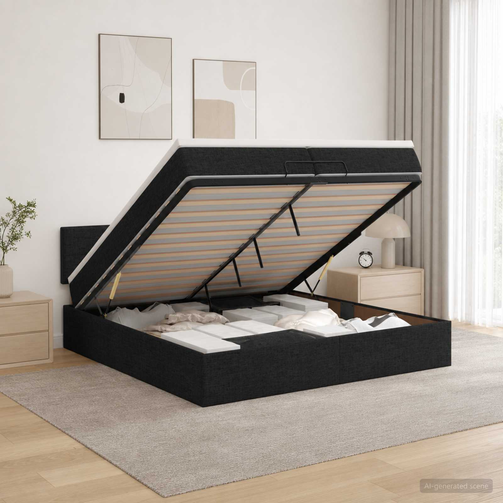 3456935_1.jpg vidaXL Ottoman posteľ s matracom a LED Čierna 200 x 200 cm Látka – Obrázok 1