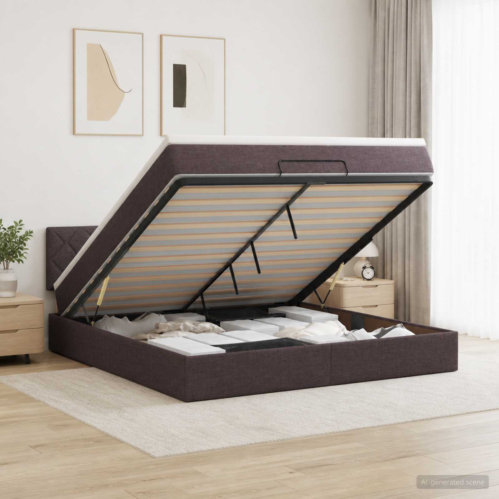 3456998_1.jpg vidaXL Ottoman posteľ s matracom a LED Tmavohnedá 140 x 200 cm Látka – Obrázok 1