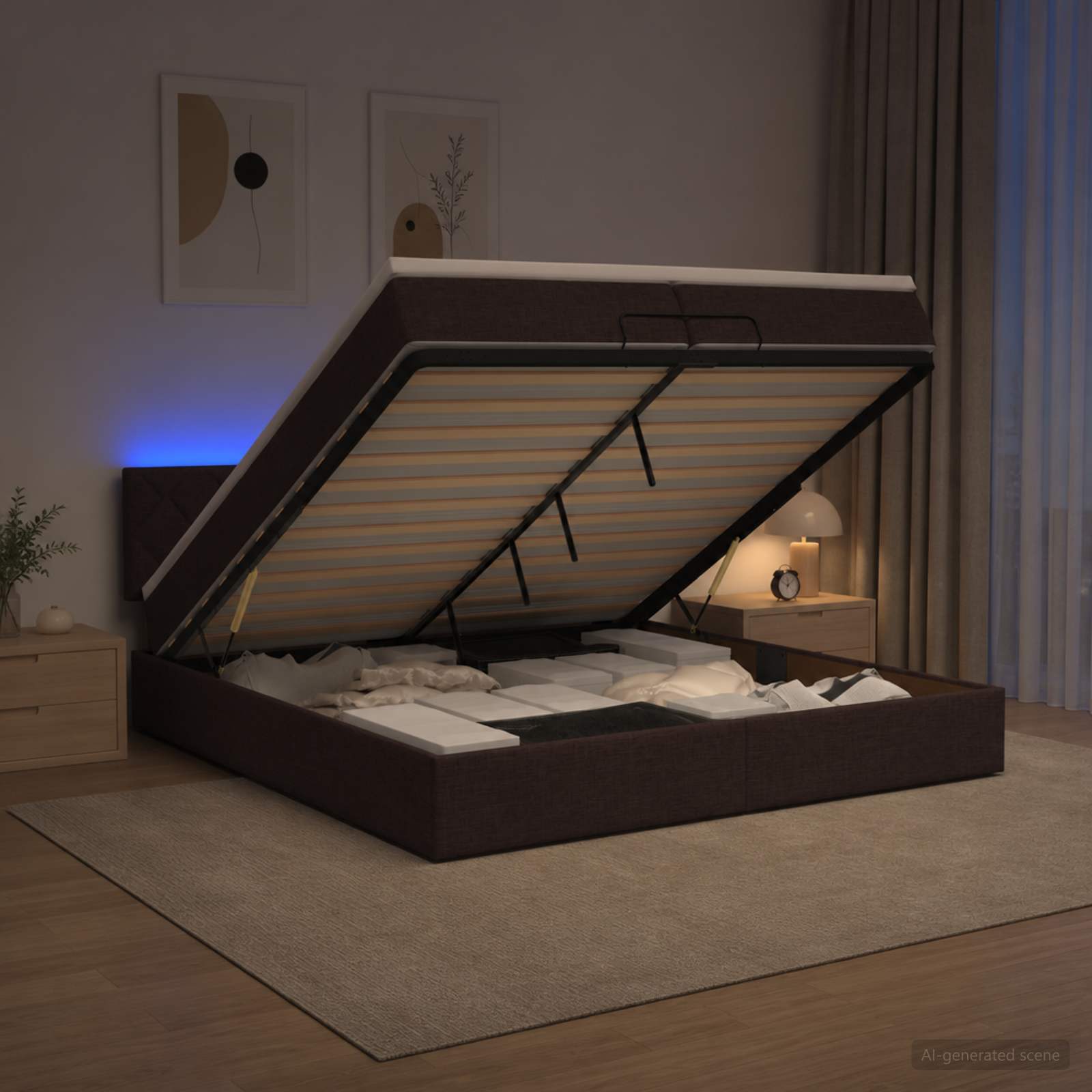 3457019_1.jpg vidaXL Ottoman posteľ s matracom a LED Tmavohnedá 200 x 200 cm Látka – Obrázok 1
