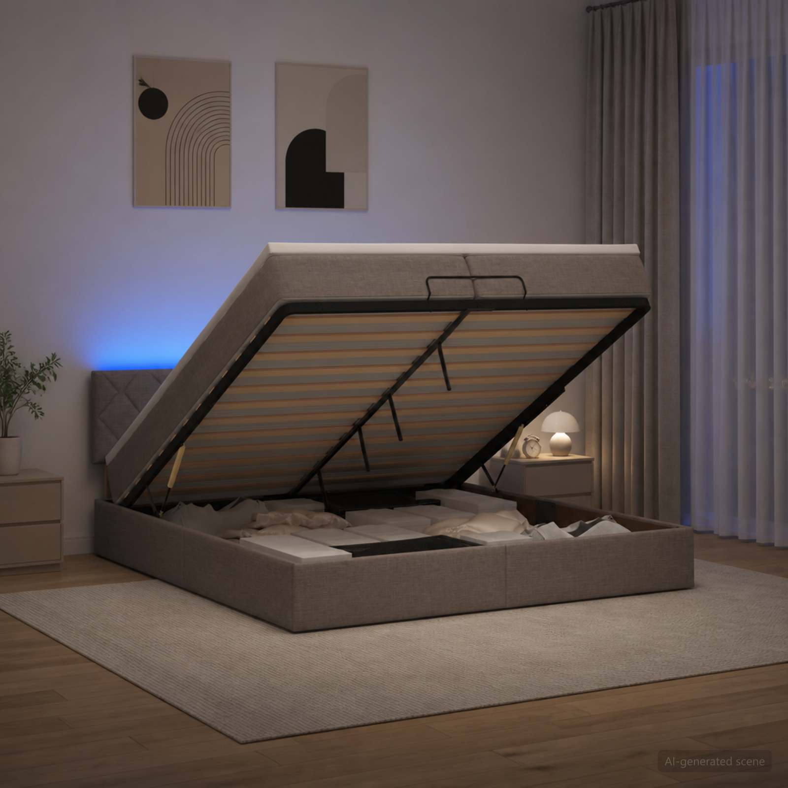 3457020_1.jpg vidaXL Ottoman posteľ s matracom a LED Sivohnedá 200 x 200 cm Látka – Obrázok 1