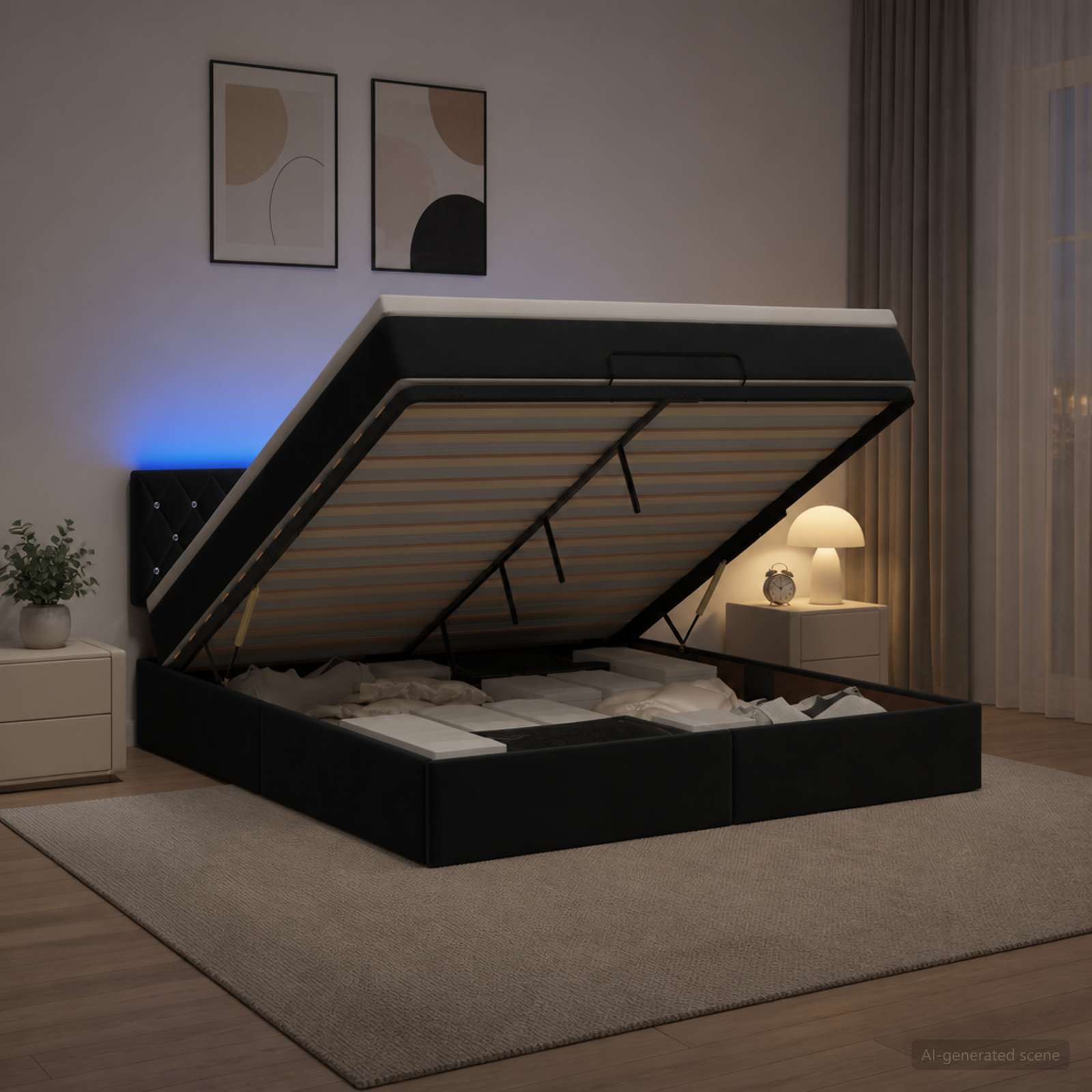 3457085_1.jpg vidaXL Ottoman posteľ s matracom a LED Čierna 180 x 200 cm Zamat – Obrázok 1