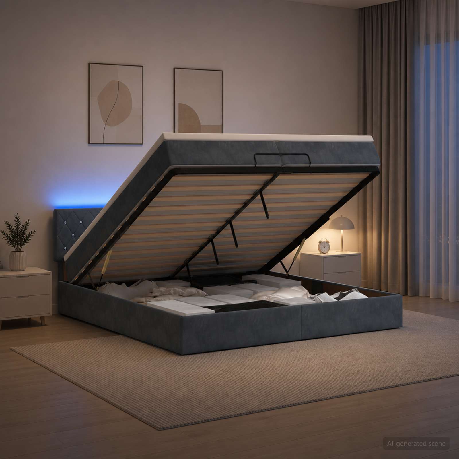 3457090_1.jpg vidaXL Ottoman posteľ s matracom a LED Tmavosivá 200 x 200 cm Zamat – Obrázok 1