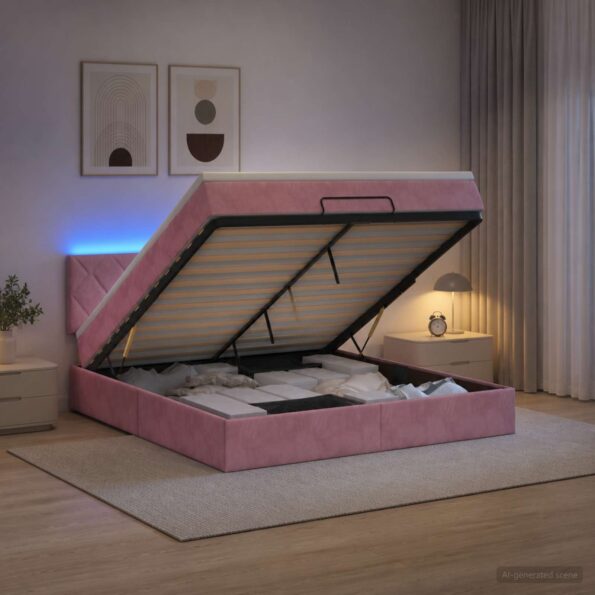 vidaXL Ottoman posteľ s matracom a LED Ružová 140 x 190 cm Zamat – Obrázok 4