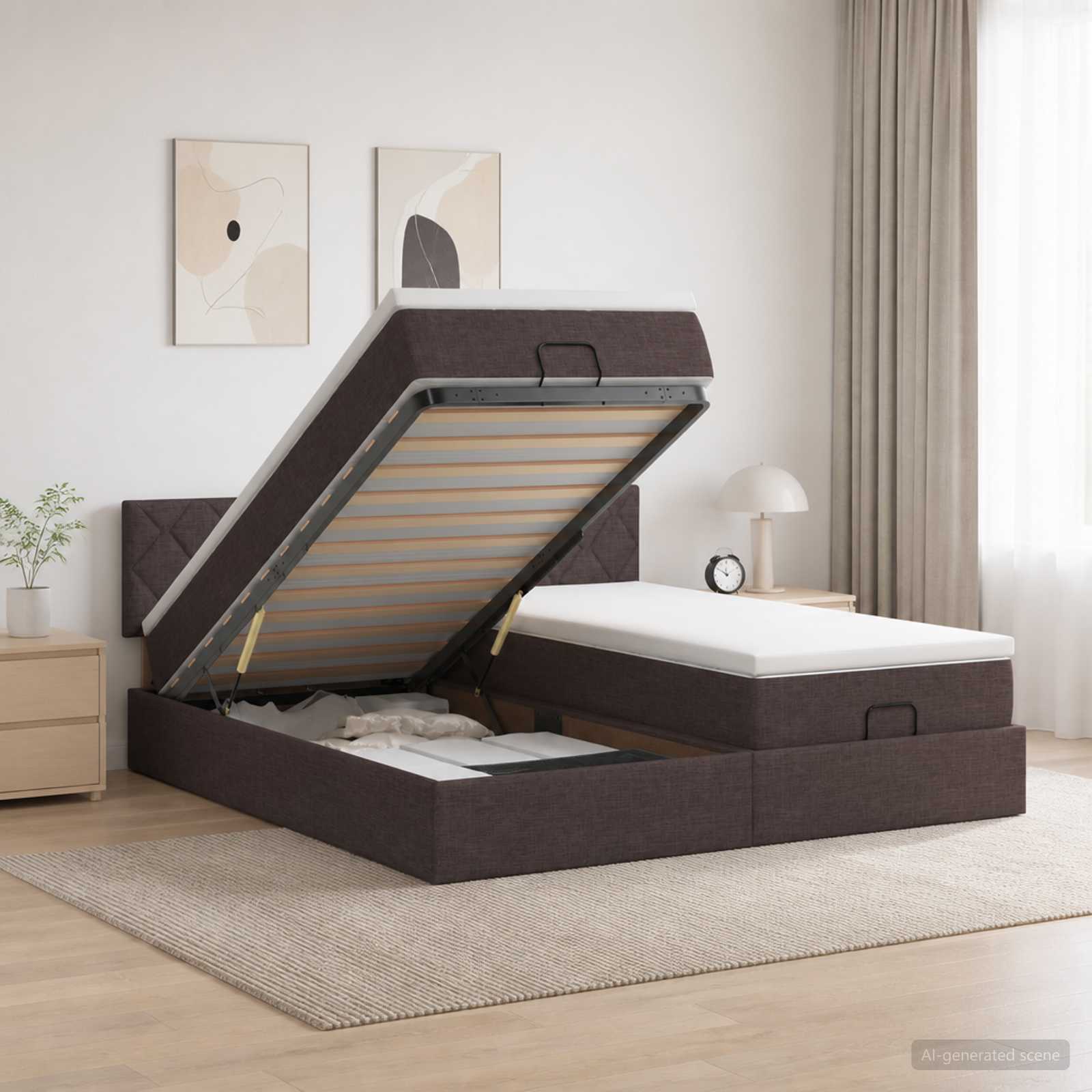 3457297_1.jpg vidaXL Ottoman posteľ s matracom a LED Tmavohnedá 180 x 200 cm Látka – Obrázok 1