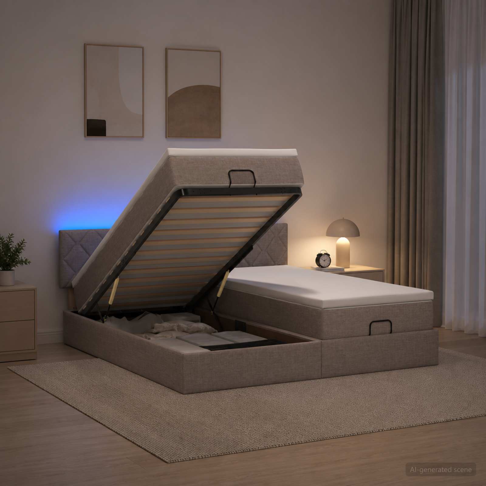 3457305_1.jpg vidaXL Ottoman posteľ s matracom a LED Sivohnedá 200 x 200 cm Látka – Obrázok 1