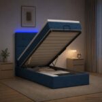 vidaXL Ottoman posteľ s matracom a LED Modrá 90 x 200 cm Látka