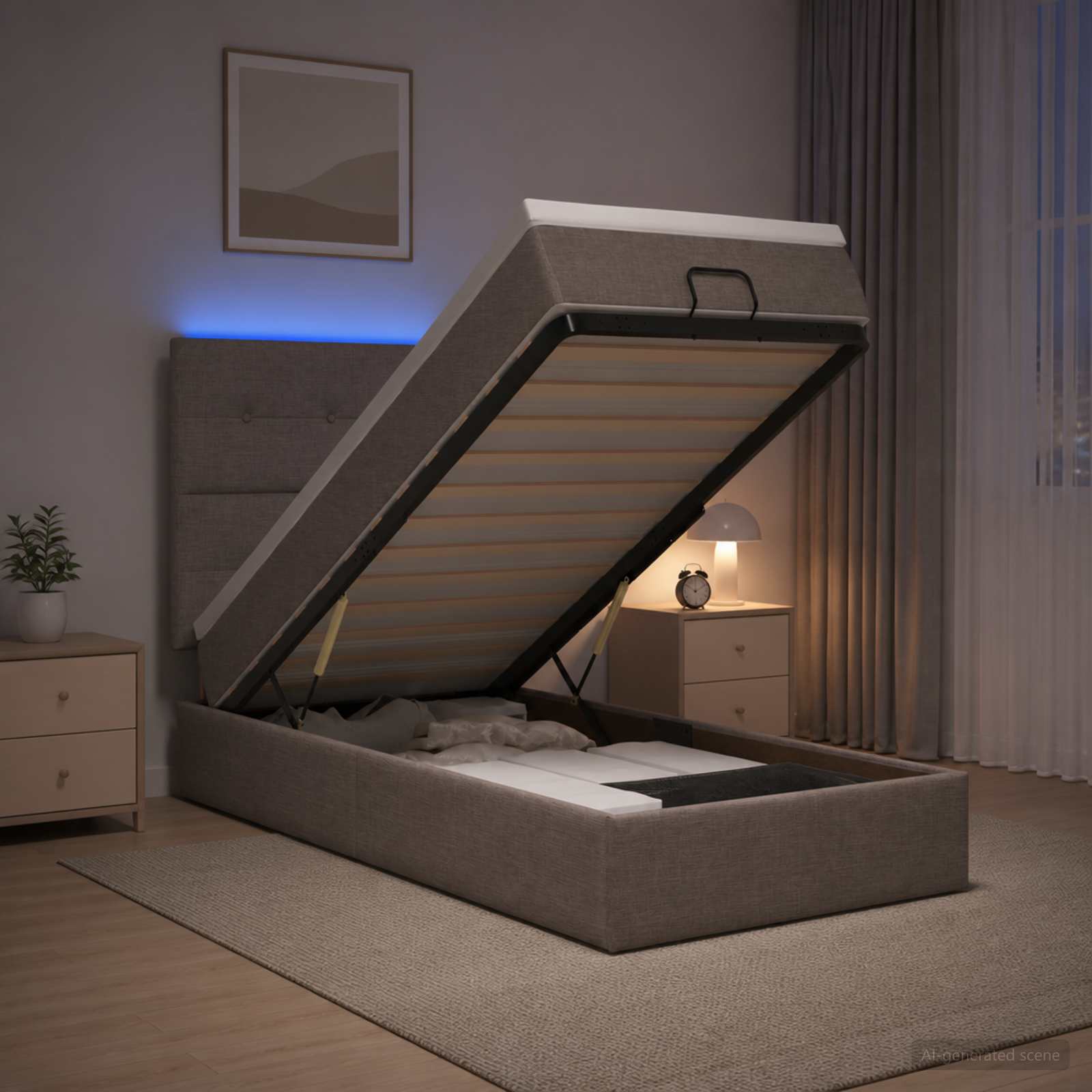 3458052_1.jpg vidaXL Ottoman posteľ s matracom a LED Sivohnedá 100 x 200 cm Látka – Obrázok 1