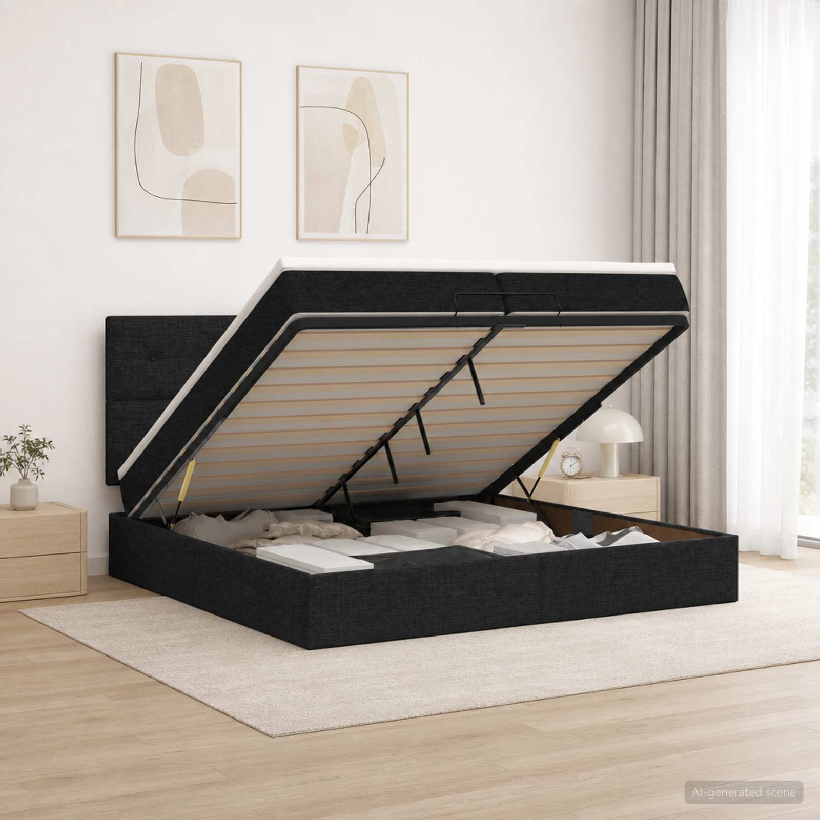 3458099_1.jpg vidaXL Ottoman posteľ s matracom a LED Čierna 200 x 200 cm Látka – Obrázok 1