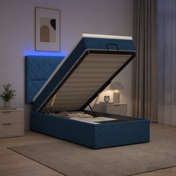 vidaXL Ottoman posteľ s matracom a LED Modrá 90 x 200 cm Látka – Obrázok 4