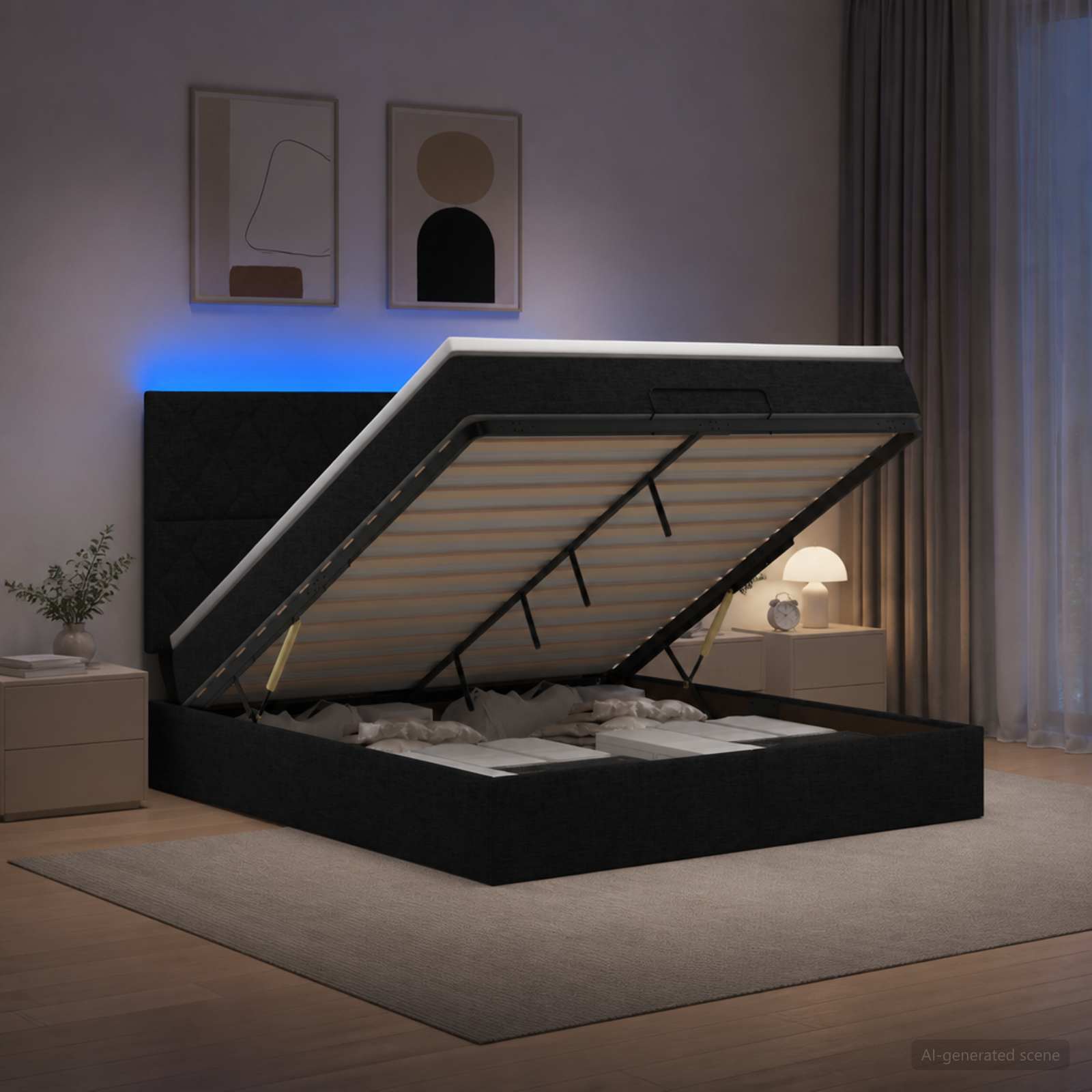 3458154_1.jpg vidaXL Ottoman posteľ s matracom a LED Čierna 140 x 190 cm Látka – Obrázok 1