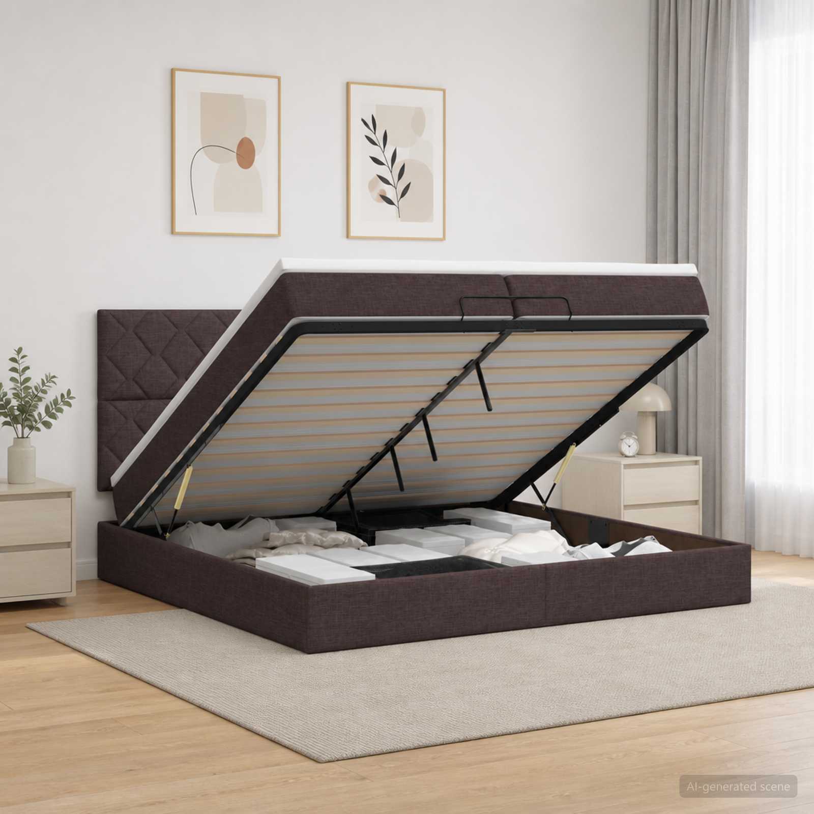 3458183_1.jpg vidaXL Ottoman posteľ s matracom a LED Tmavohnedá 200 x 200 cm Látka – Obrázok 1