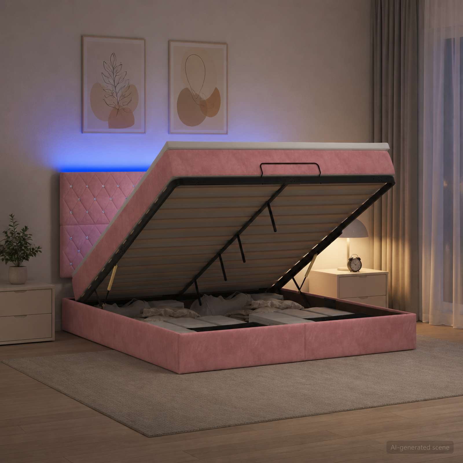 3458234_1.jpg vidaXL Ottoman posteľ s matracom a LED Ružová 140 x 190 cm Zamat – Obrázok 1