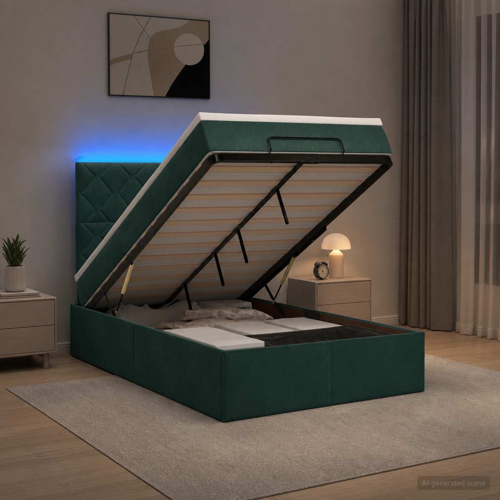 3458370_1.jpg vidaXL Ottoman posteľ s matracom a LED Tmavozelená 120 x 200 cm Zamat – Obrázok 1
