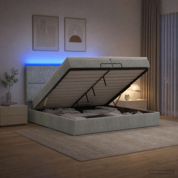 vidaXL Ottoman posteľ s matracom a LED Svetlosivá 200 x 200 cm Zamat – Obrázok 4