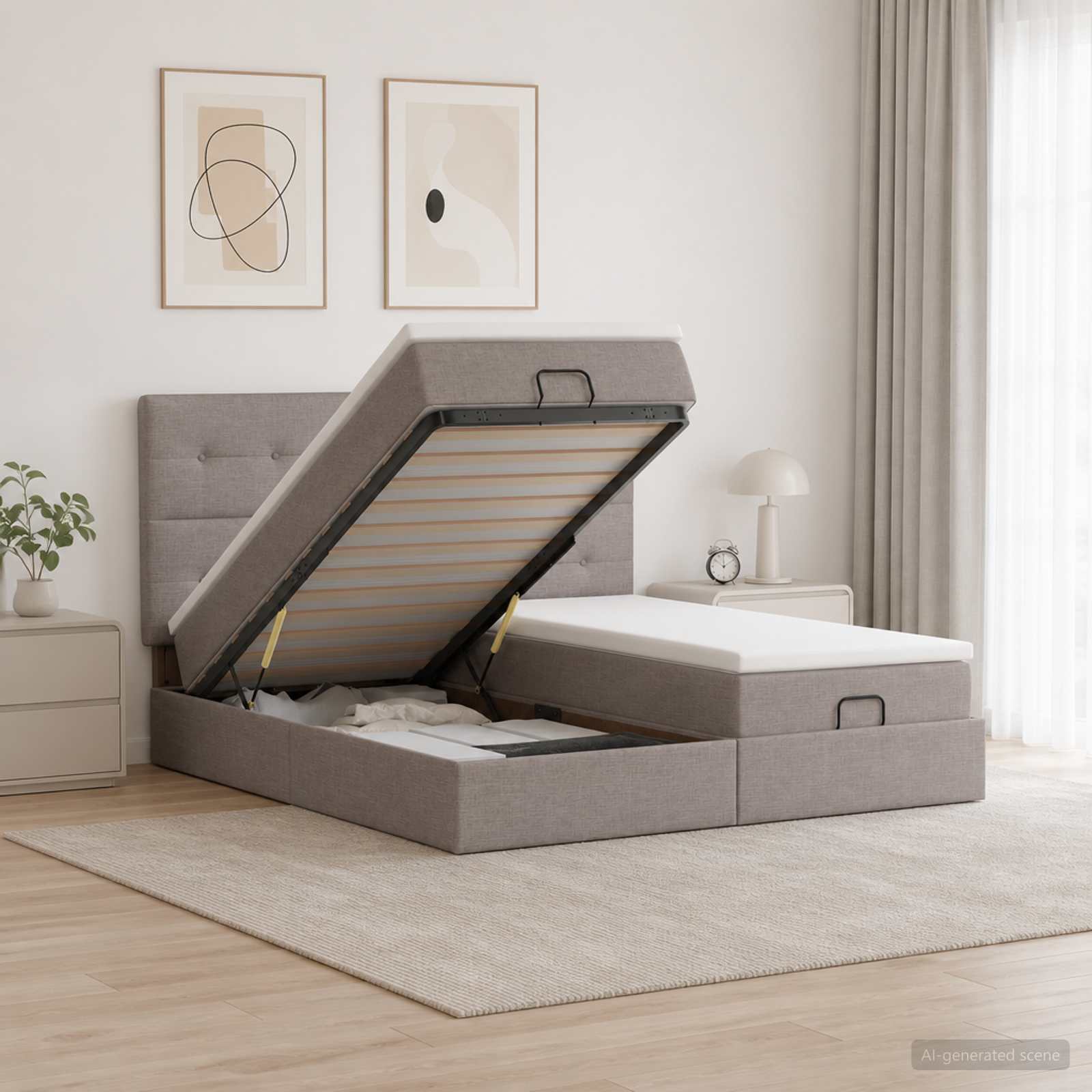 3458448_1.jpg vidaXL Ottoman posteľ s matracom a LED Sivohnedá 200 x 200 cm Látka – Obrázok 1