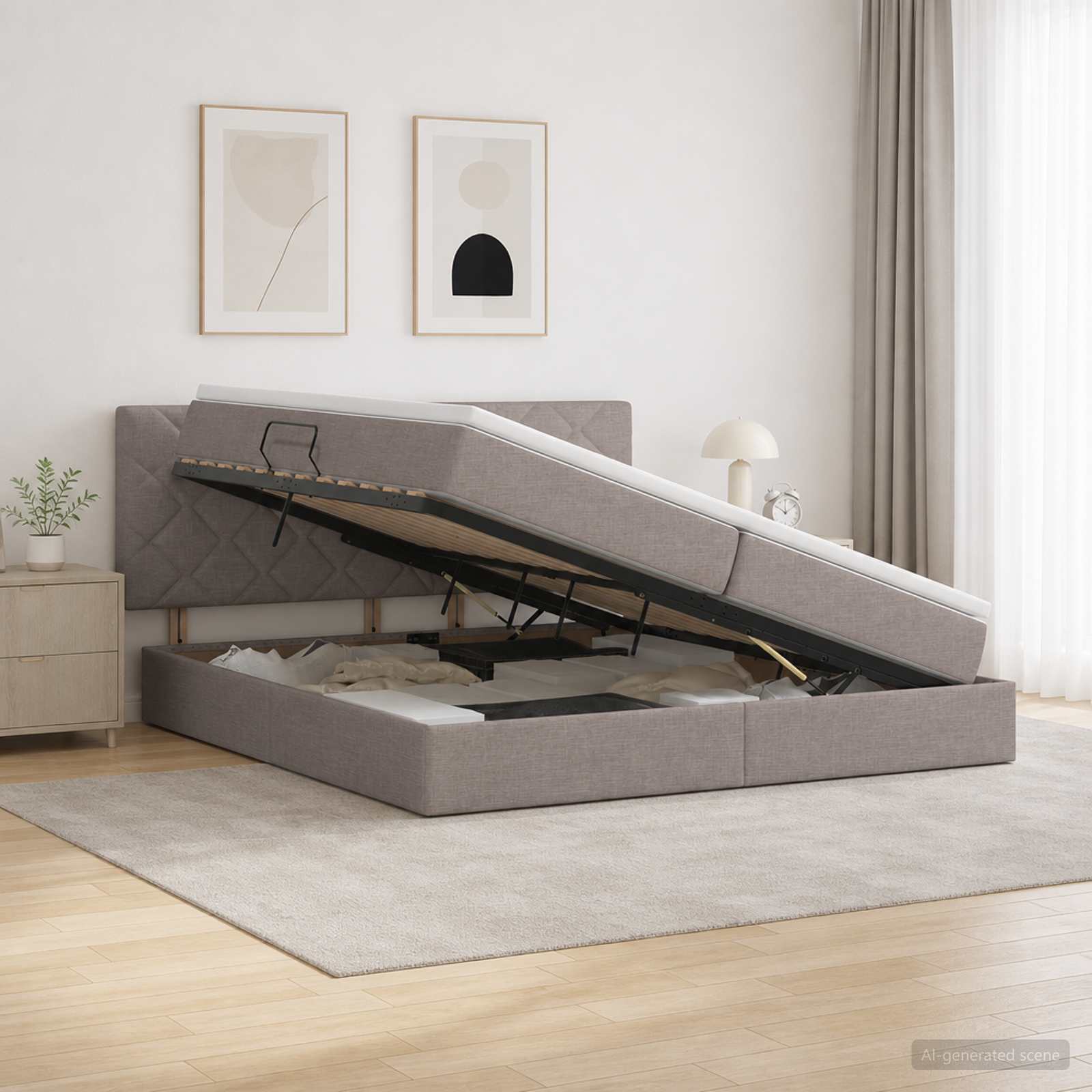 3458709_1.jpg vidaXL Postel s úložným prostorem a matrací Sivohnedá 200 x 200 cm – Obrázok 1