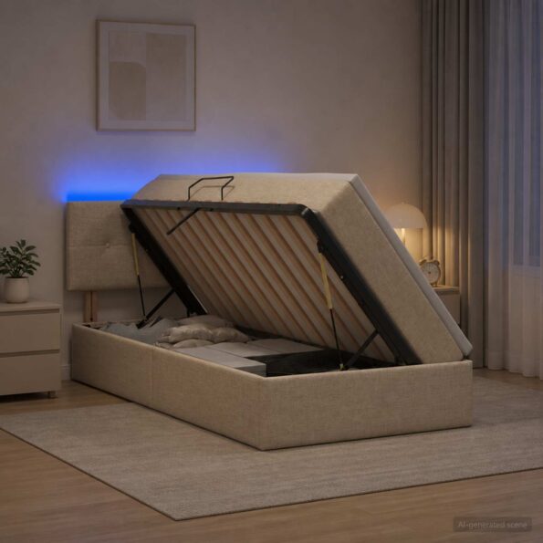 vidaXL LED úložná posteľ s matracom Krémová 100 x 200 cm Látka – Obrázok 4