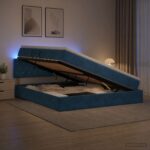 vidaXL LED úložná posteľ s matracom Tmavomodrá 160 x 200 cm Zamat
