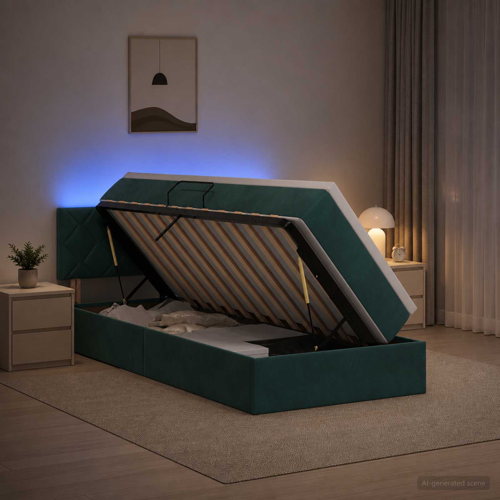 3459291_1.jpg vidaXL LED úložná posteľ s matracom Tmavozelená 100 x 200 cm Zamat – Obrázok 1