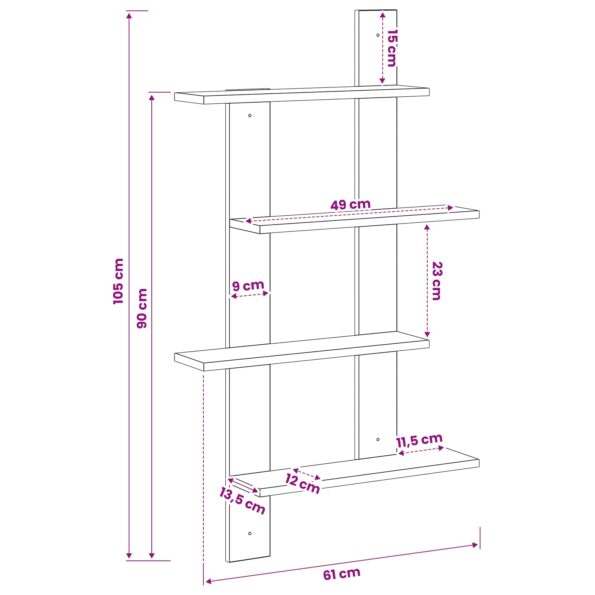 vidaXL Stenná polica Biela 61 x 13,5 x 105 cm Kompozitné drevo – Obrázok 6