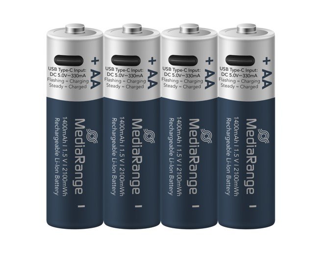Bateria-AA-MediaRange-nabijatelne-USB-C-Li-Ion-15V-1400-mAh-4ks Batéria AA MediaRange nabíjateľné USB-C Li-Ion , 1,5V, 1400 mAh, 4ks – Obrázok 1