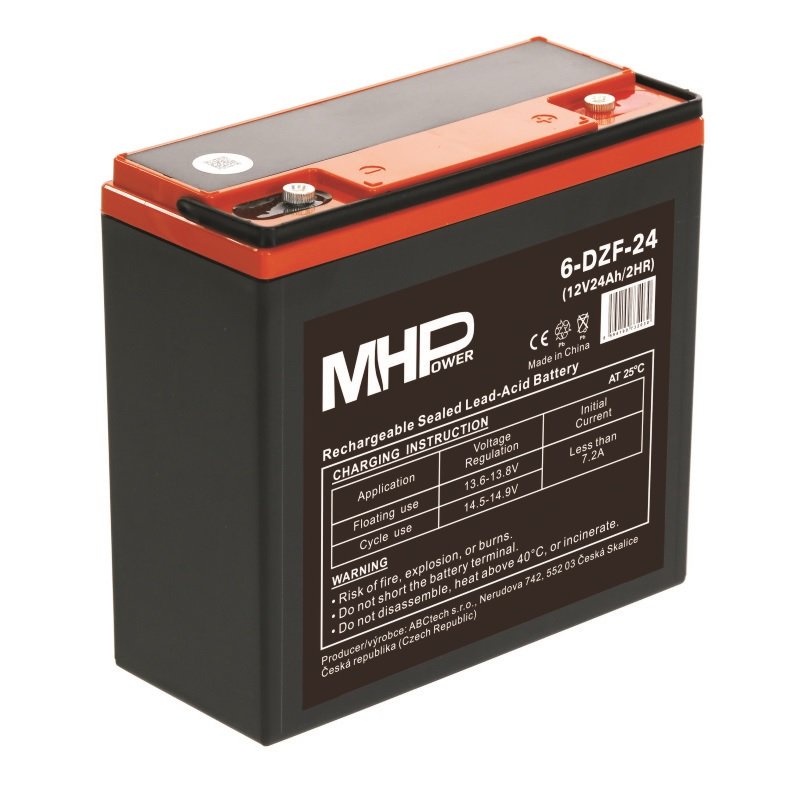 Bateria-MHPower-6-DZF-24-Trakcna-gelova-12V24Ah-Terminal-D2-M5-Deep-Cycle Batéria MHPower 6-DZF-24 Trakčná gélová, 12V/24Ah, Terminál D2 - M5, Deep Cycle – Obrázok 1