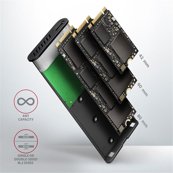 Externý box AXAGON EEM2-SBC , USB-C 3.2 Gen 2 - M.2 SATA SSD kovový RAW box, bezšroubkový – Obrázok 6
