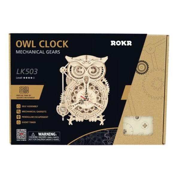 Hračka Robotime 3D drevené mechanické puzzle Sovie hodiny – Obrázok 2