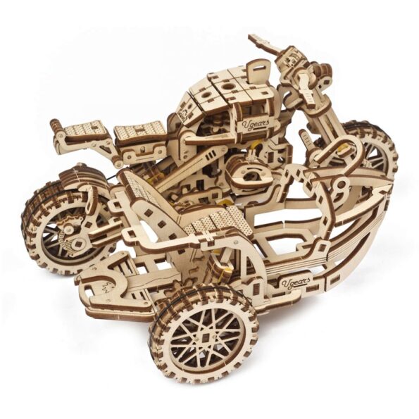Hračka Ugears 3D drevené mechanické puzzle UGR-10 Motorka (scrambler) s vozíkom – Obrázok 3
