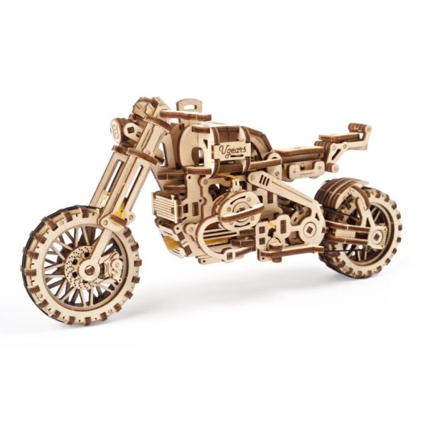 Hračka Ugears 3D drevené mechanické puzzle UGR-10 Motorka (scrambler) s vozíkom – Obrázok 4