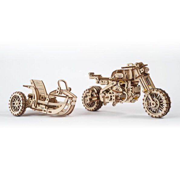 Hračka Ugears 3D drevené mechanické puzzle UGR-10 Motorka (scrambler) s vozíkom – Obrázok 5