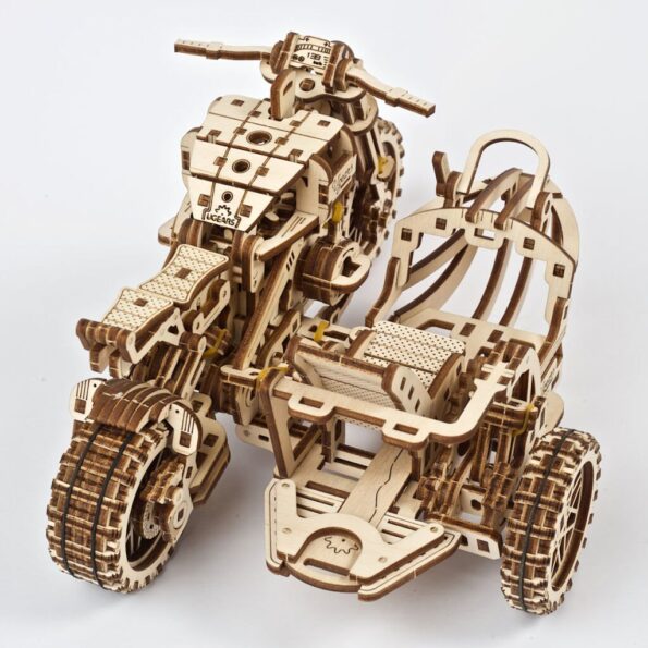 Hračka Ugears 3D drevené mechanické puzzle UGR-10 Motorka (scrambler) s vozíkom – Obrázok 6