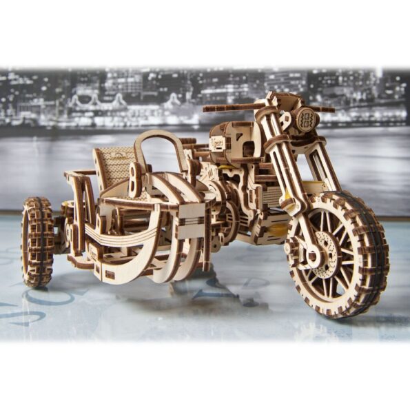 Hračka Ugears 3D drevené mechanické puzzle UGR-10 Motorka (scrambler) s vozíkom – Obrázok 7