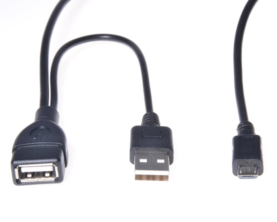 Kabel-PremiumCord-2x-USB-A-microUSB-MFM-OTG-02m-cierny Kábel PremiumCord 2x USB A - microUSB M+F/M OTG 0,2m, čierny – Obrázok 1