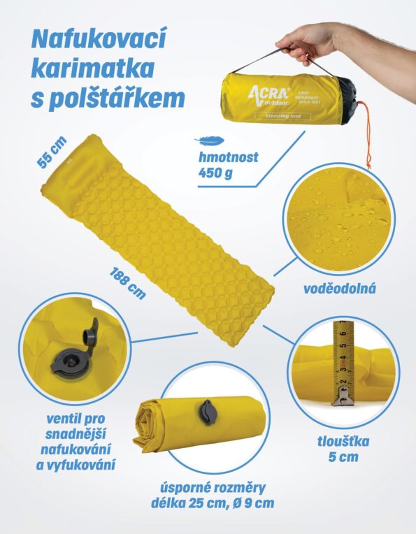 Karimatka Acra L48-ZL nafukovacia, žltá – Obrázok 2