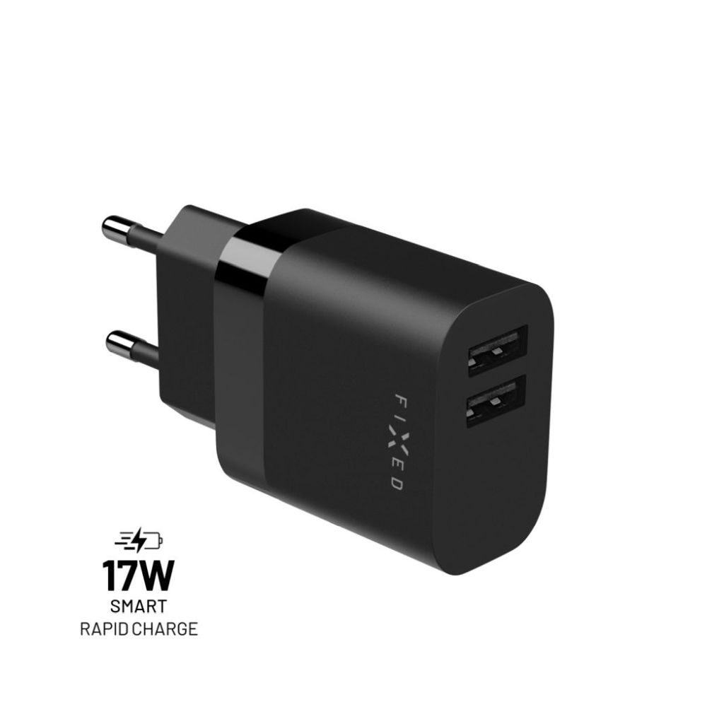 Nabijacka-FIXED-sietova-s-2xUSB-vystupom-17W-Smart-Rapid-Charge-cierna Nabíjačka FIXED sieťová s 2xUSB výstupom, 17W Smart Rapid Charge, čierna – Obrázok 1