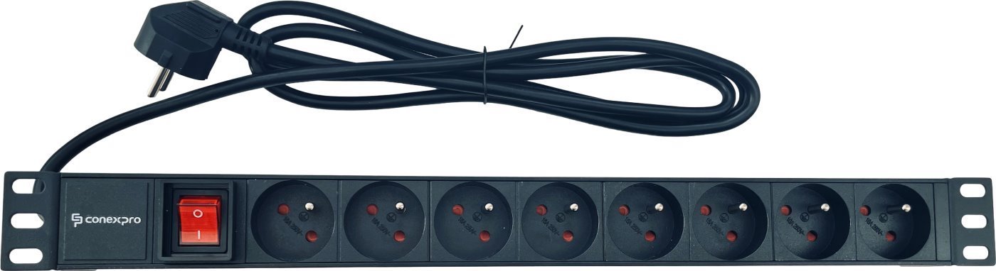 Rozvodny-panel-Conexpro-19-8x230V-16A-cierny-kabel-14m-hlinikovy Rozvodný panel Conexpro 19" 8x230V, 16A, čierny, kábel 1,4m, hliníkový – Obrázok 1