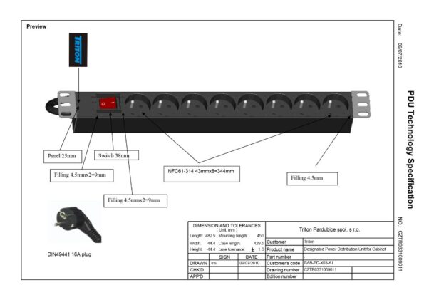 Rozvodný panel Triton 19" 1U 8x 220V-2m včetně vaničky s vypínačem – Obrázok 3