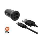Set FIXED autonabíjačky s 2xUSB výstupom a USB/USB-C kábla, 1 meter, 15W Smart Rapid Charge, čierna