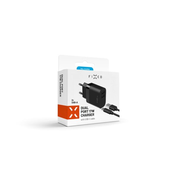 Set FIXED sieťové nabíjačky s 2xUSB výstupom a USB/USB-C káblom, 1 meter, 17W Smart Rapid Charge, čierna – Obrázok 8