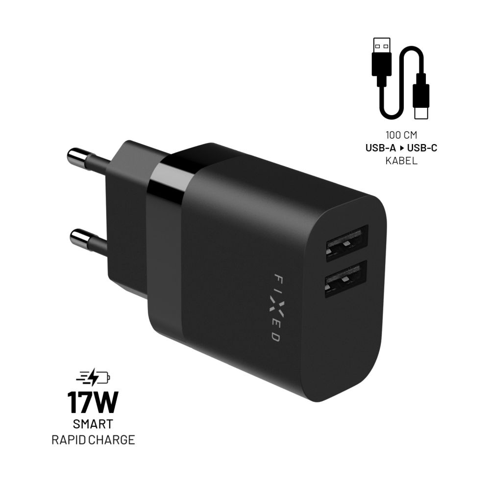 Set-FIXED-sietove-nabijacky-s-2xUSB-vystupom-a-USBUSB-C-kablom-1-meter-17W-Smart-Rapid-Charge-cierna Set FIXED sieťové nabíjačky s 2xUSB výstupom a USB/USB-C káblom, 1 meter, 17W Smart Rapid Charge, čierna – Obrázok 1